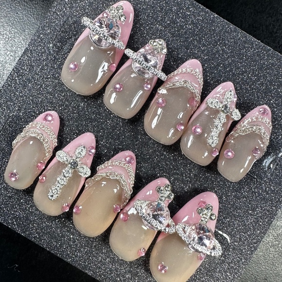 Medium almond pink French tip with gems handmade press on nails - Picture 1 of 5